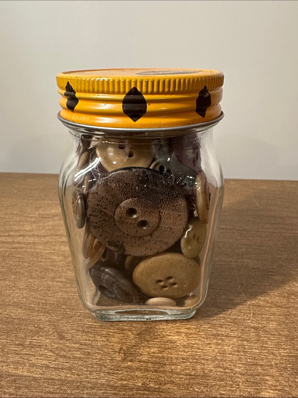 Vintage Sanka Coffee Jar of Assorted Brown Buttons with Yellow Lid